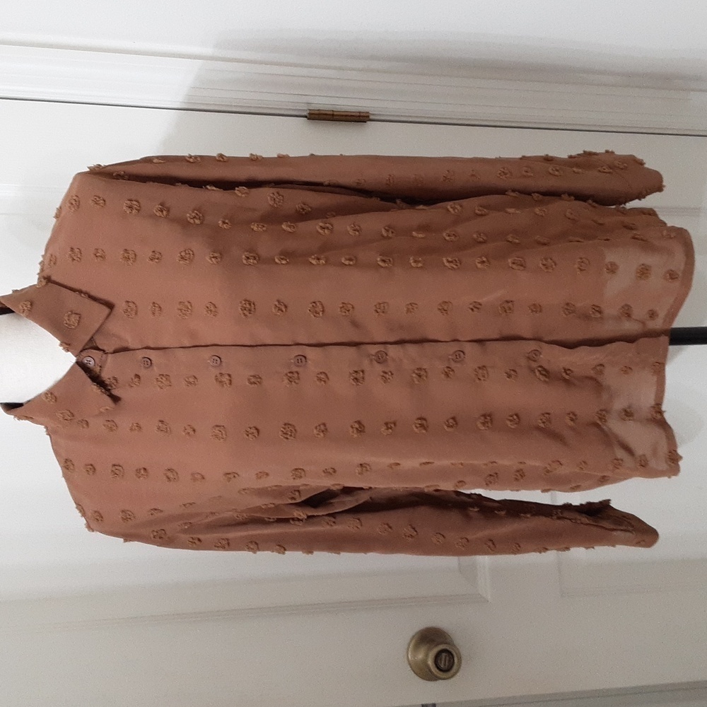 Ubranded Size M Milky Chocolate Brown Swiss Dot Long Sleeve Semi-Sheer Blouse
